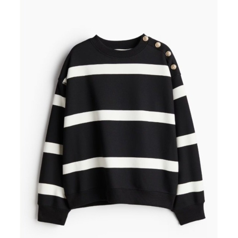 H&M Women's Size Small Black/White Striped Sweatshirt Crewneck Button Shoulders